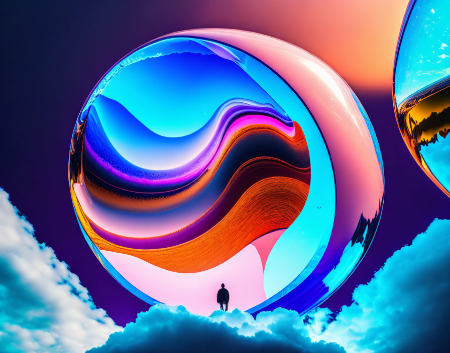 Person standing on cloud admiring vibrant surreal swirls in glossy spheres against dramatic sky