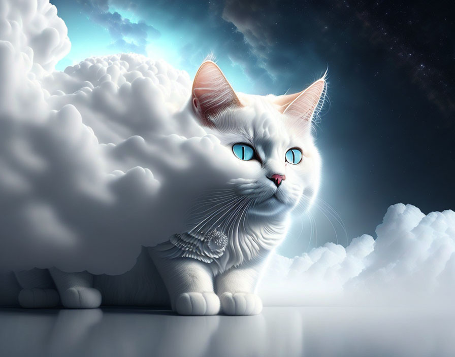 White Cat with Blue Eyes and Angelic Wings in Cloudy Sky