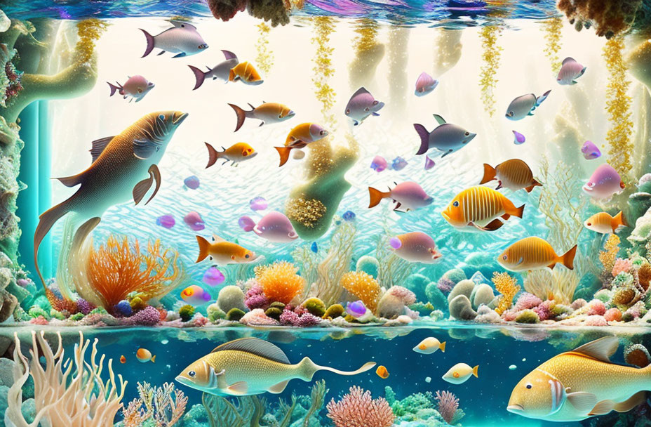 Colorful Fish and Coral Reef in Vibrant Underwater Scene