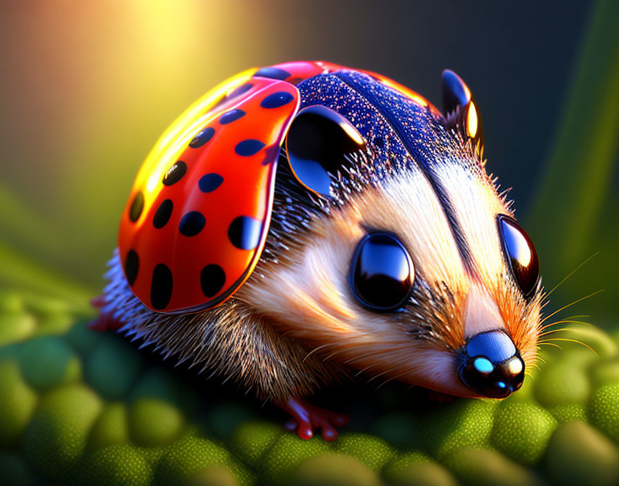 Digital artwork of hedgehog creature with ladybug shell on green background