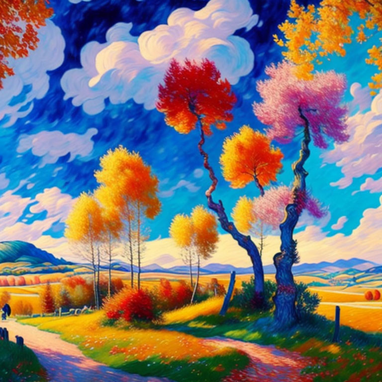 Colorful landscape painting: swirling clouds, vivid trees, rolling hills