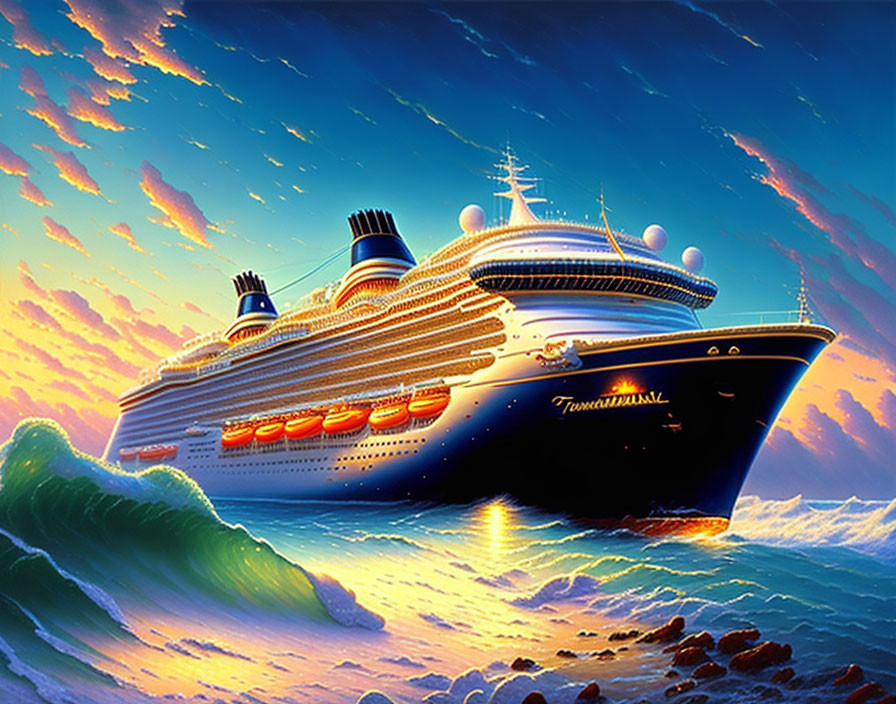 Colorful sunset scene: large cruise ship at sea with vibrant clouds and crashing waves