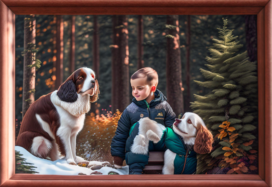 Boy in winter coat smiles at white and brown dog in forest scene