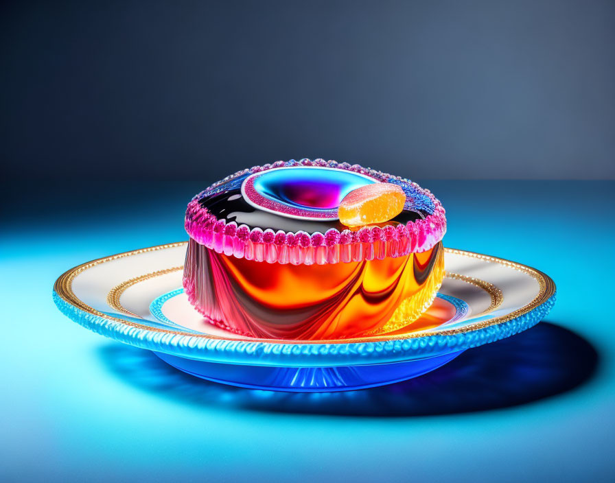 Multicolored jelly with beads on blue gradient plate.