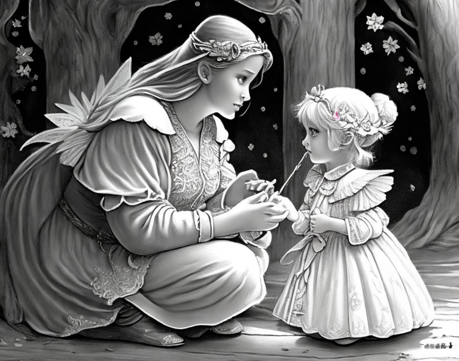 Grayscale illustration of fairy figure offering flower to child