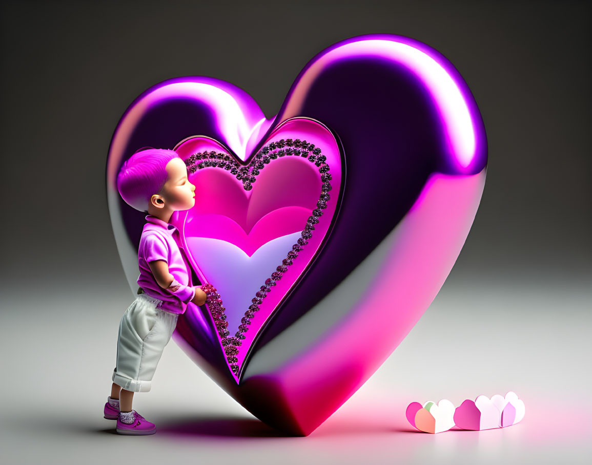 Cartoon Child with Pink Hair and Heart Design on Gradient Background