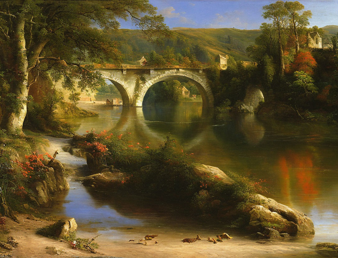 Tranquil river scene with stone bridge and lush vegetation