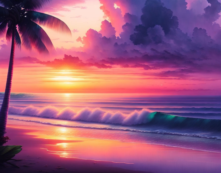 Scenic beach sunset with purple-pink sky, palm tree silhouette, and rolling waves