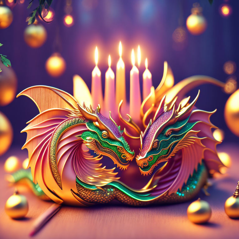 Golden dragon artwork with green accents and candles on festive backdrop