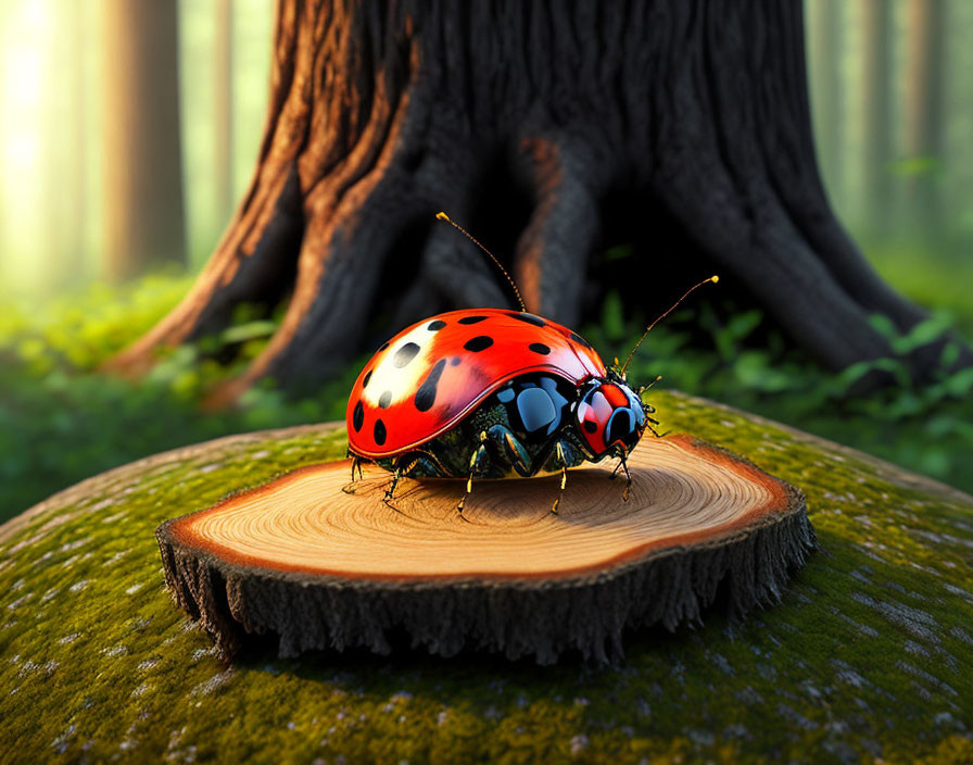 Red ladybug with black spots on tree stump in sunlit forest