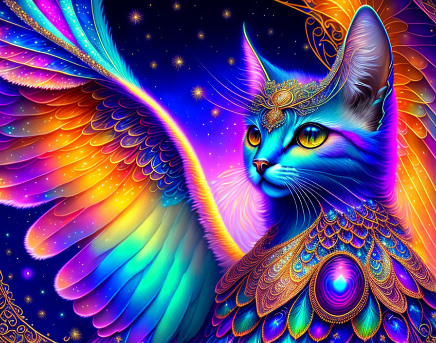 Colorful Cat Illustration with Wing-Like Patterns in Cosmic Fantasy Scene