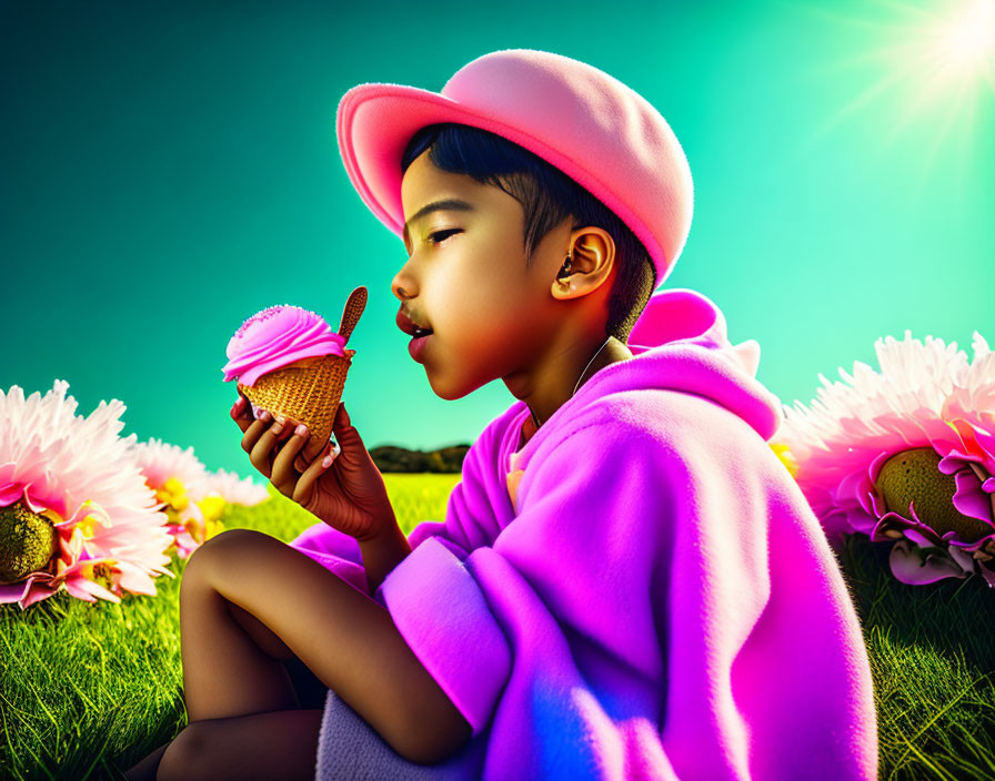 Child in pink cap enjoys ice cream cone in flower-filled scene