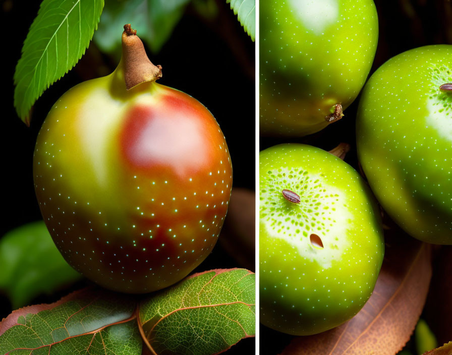 Vibrant multi-colored and speckled apples with leaves in close-up view