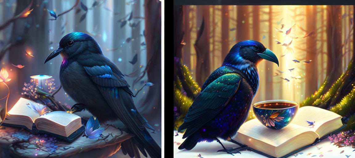 Iridescent Ravens Beside Book and Teacup in Enchanted Forest