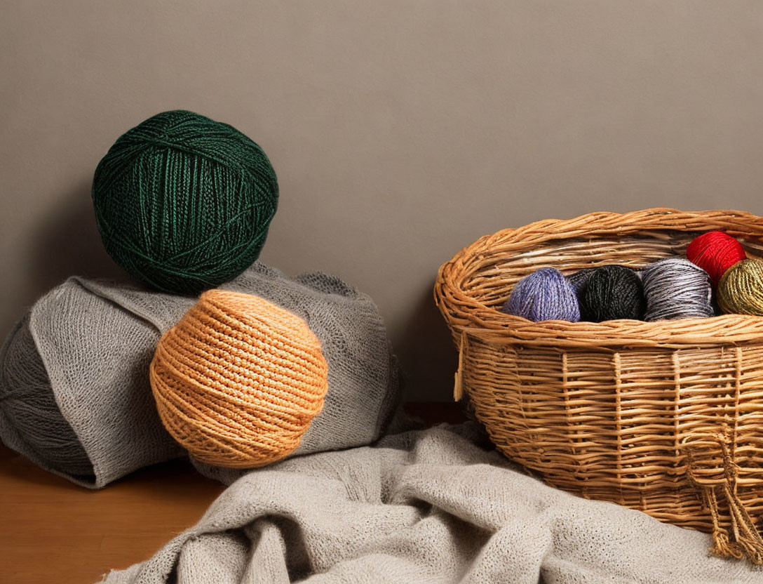 Colorful Yarn Balls on Grey Textile with Basket