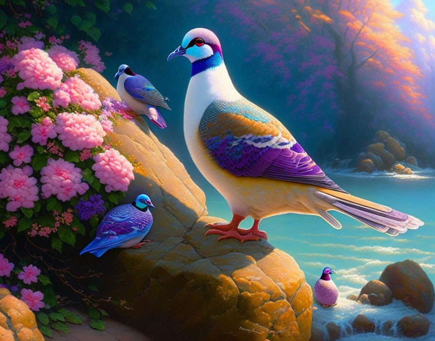 Colorful Digital Art: Large Pigeon on Rock with Pink Flowers & Autumn Forest