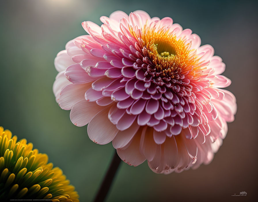 Close-up of vibrant pink and yellow gerbera flower with soft focus on second flower and blurred green