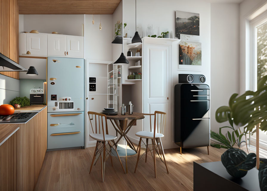 Modern Kitchen with White Cabinets, Black Retro Fridge, Wooden Countertops & Dining Area