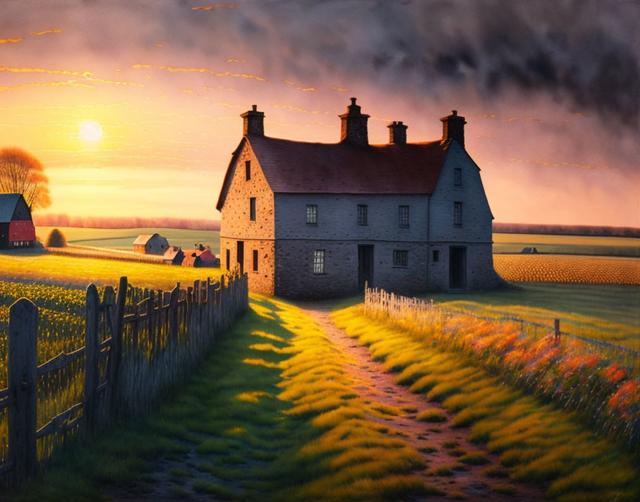 Rural sunset landscape with two-story house and green fields