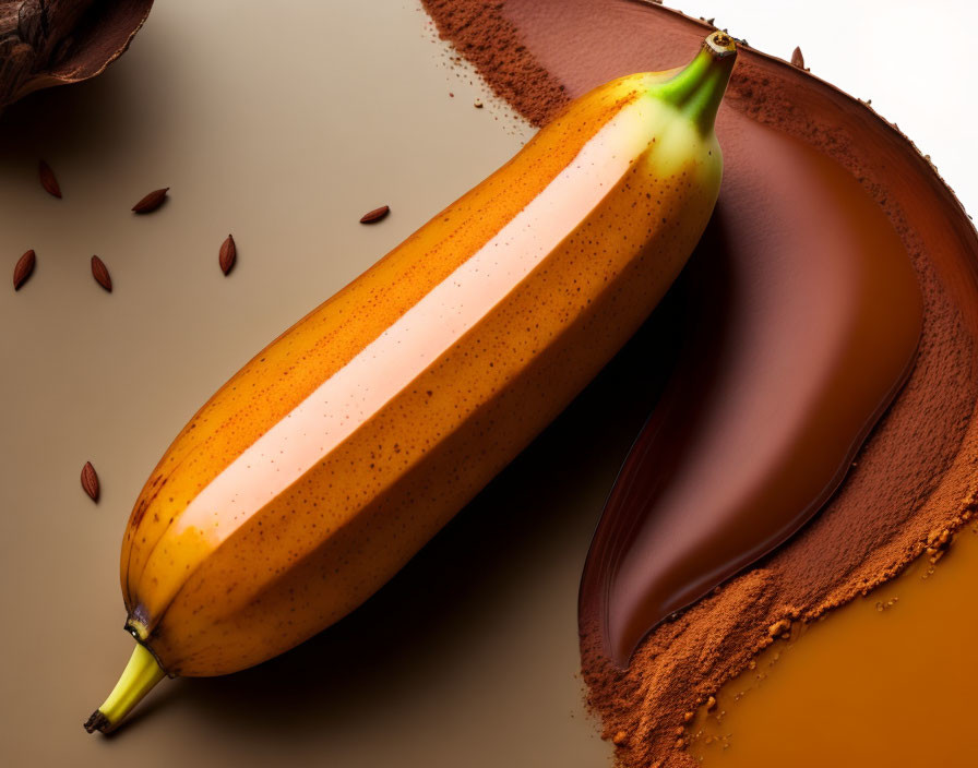 Chocolate-coated banana with cocoa powder on brown background, chocolate pieces, and cocoa beans.