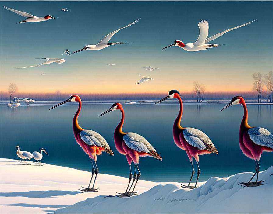 Snowy Riverbank Scene: Cranes, Swans, and Birds at Twilight