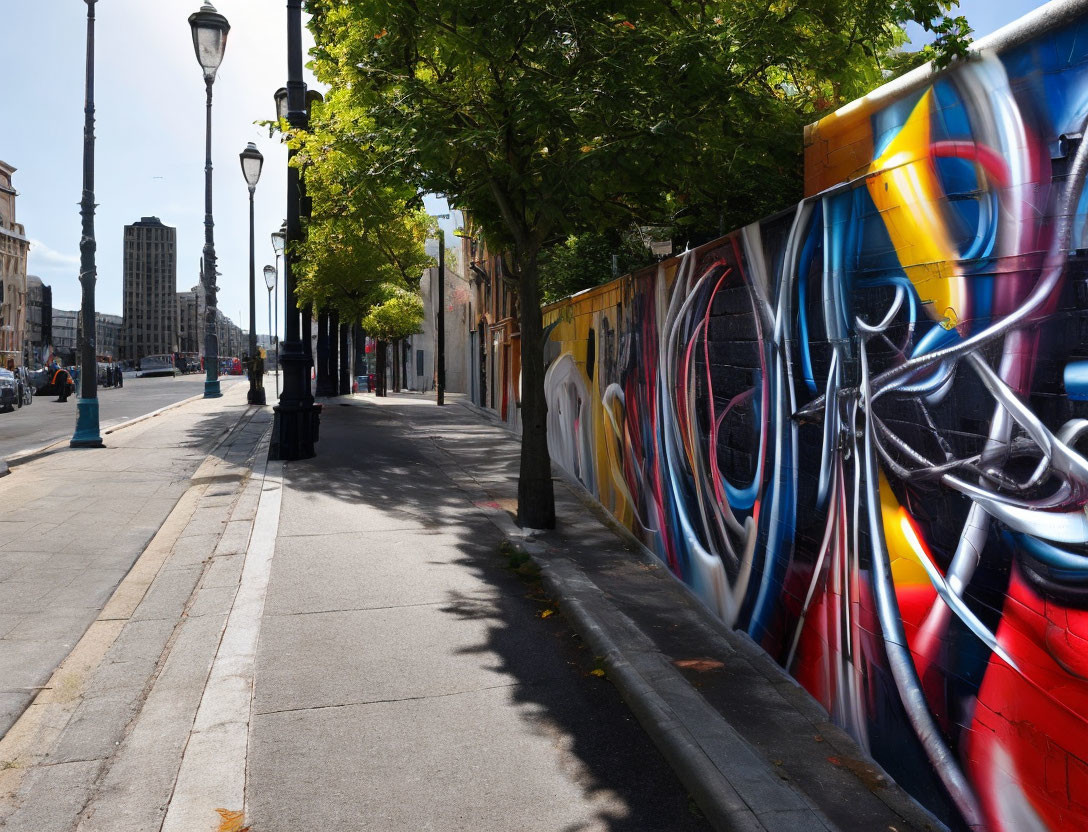 Colorful graffiti wall on city sidewalk with street lamps, trees, shadows, and distant buildings