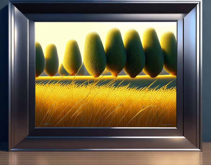 Stylized 3D-rendered trees in rows behind golden wheat field