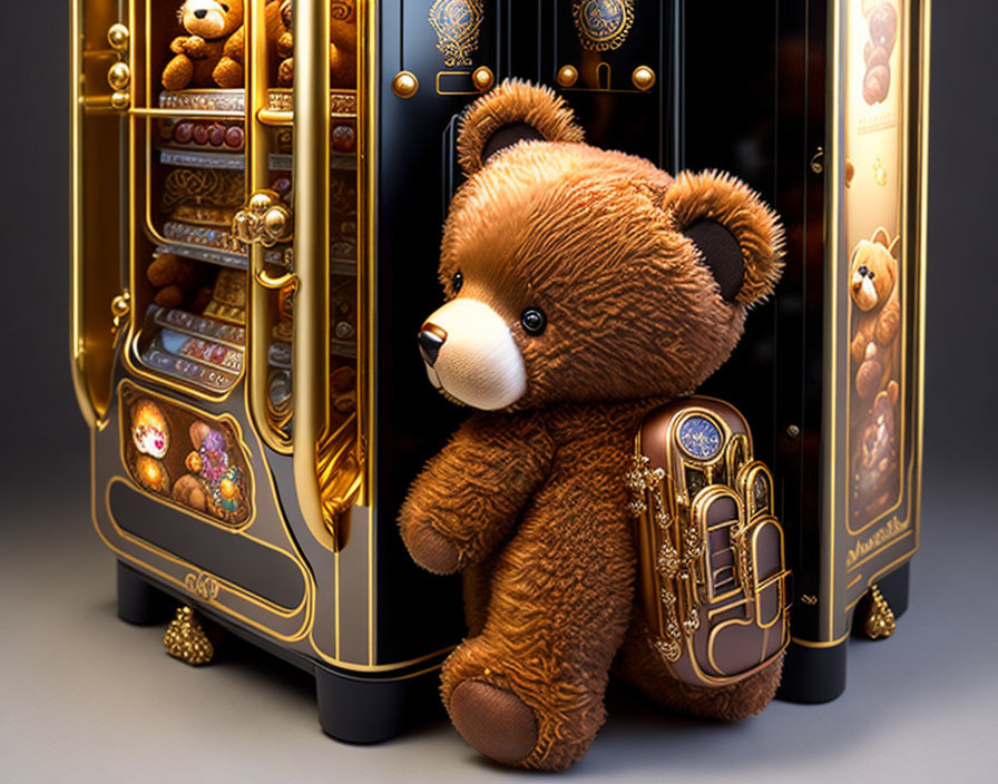 Plush Teddy Bear Next to Golden Vintage Jukebox