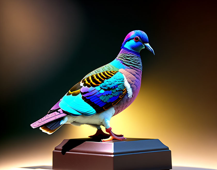 Colorful iridescent pigeon on dark pedestal with abstract yellow and red backdrop