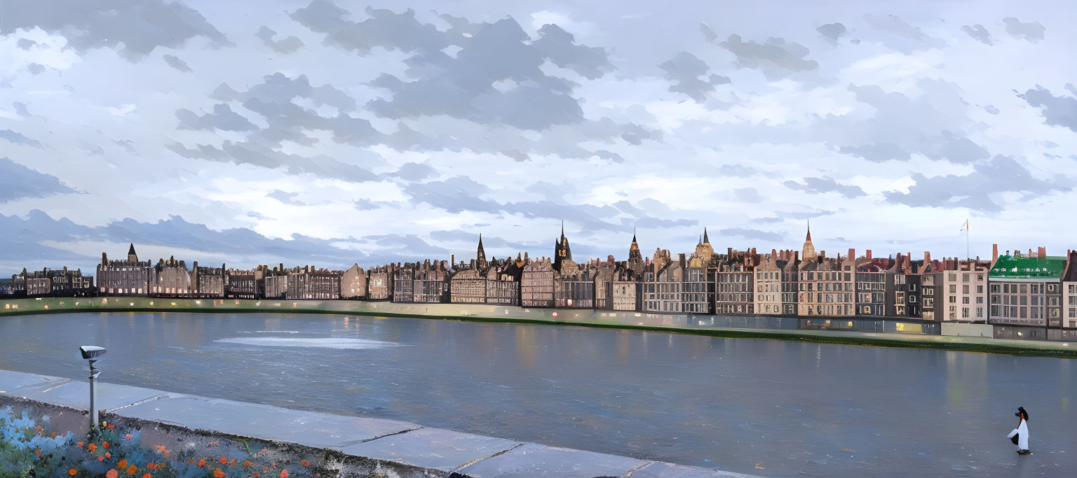 Historical city skyline at dusk with river and pedestrian