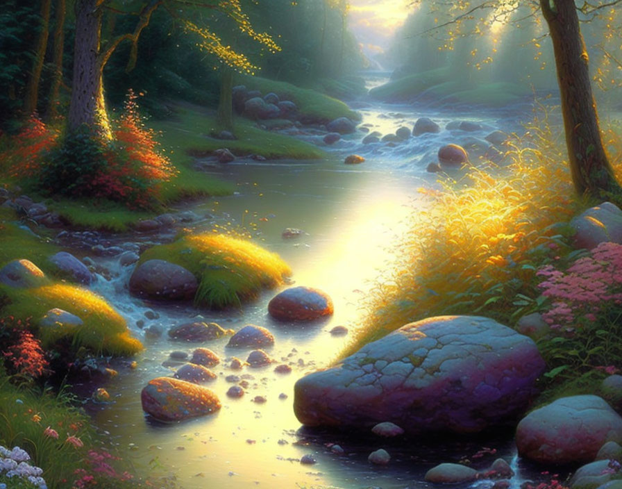 Tranquil forest stream with vibrant flora and glowing fireflies