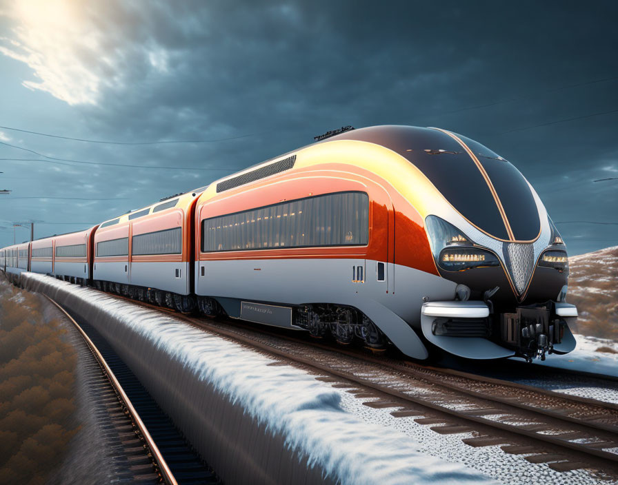 Sleek orange and white high-speed train on tracks under blue skies