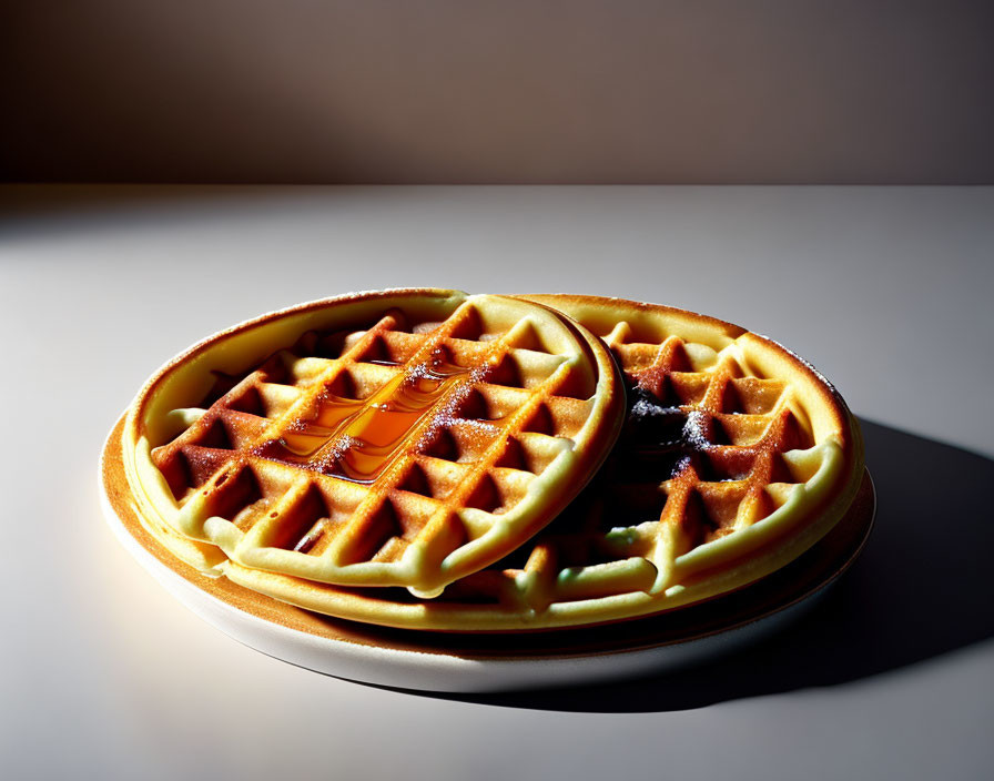 Golden-brown waffles with maple syrup on plate