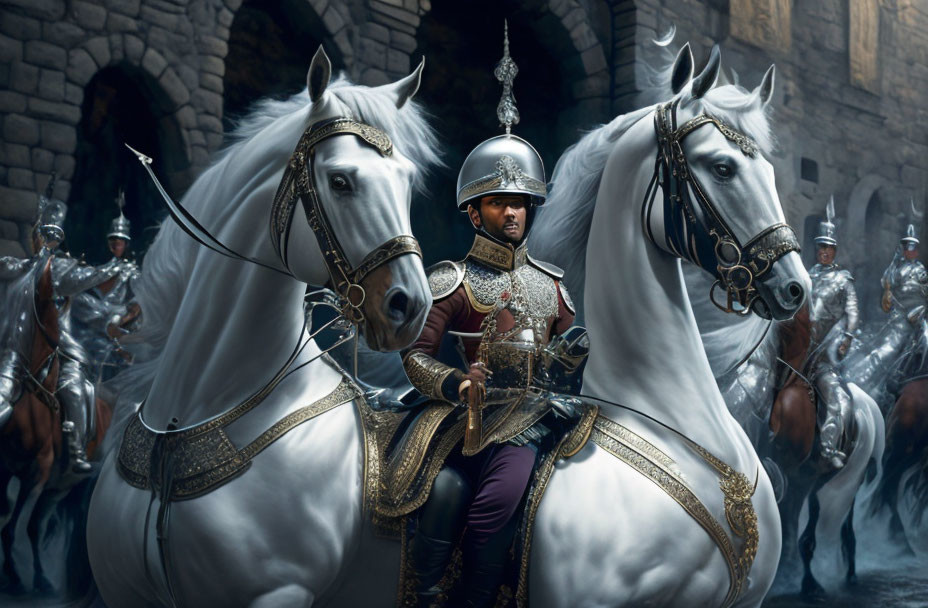 Knight in ornate armor leads cavalry through stone archway