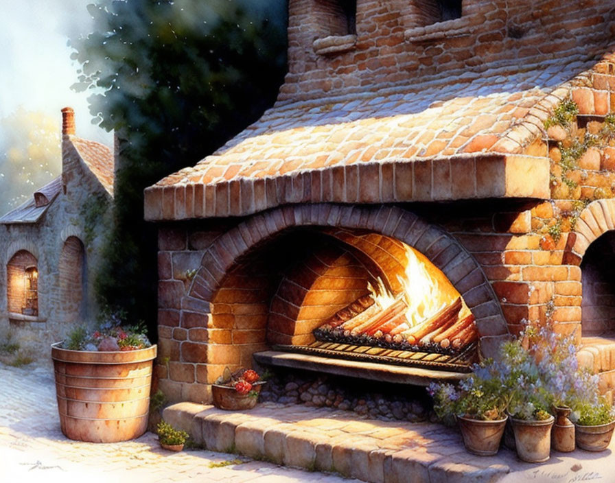 Cozy brick fireplace in stone courtyard at dusk