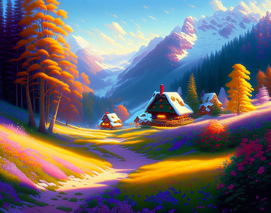 Colorful sunrise landscape with cottages and mountain backdrop