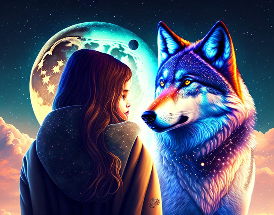 Girl and large wolf in mystical celestial scene