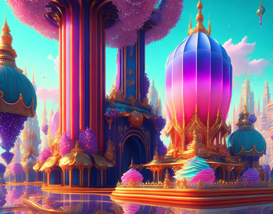 Fantasy palace with pink and blue spires and golden accents