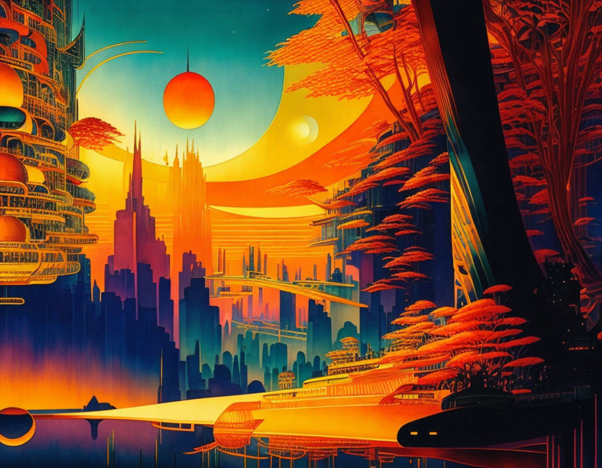 Futuristic cityscape with skyscrapers, flying vehicles, bridges, and alien trees under orange