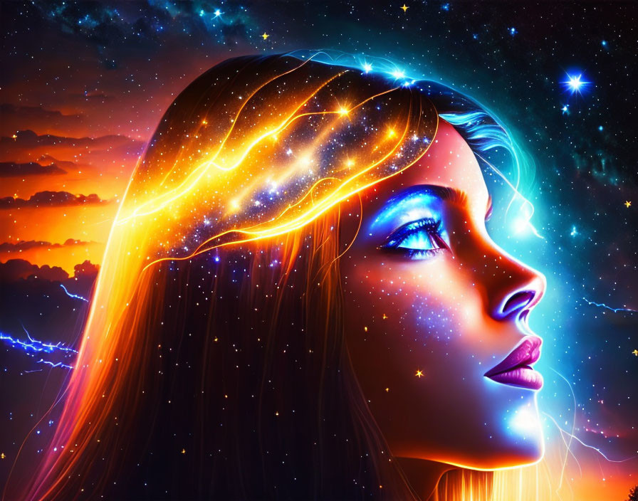 Digital art of woman's profile with cosmic elements in starry sky