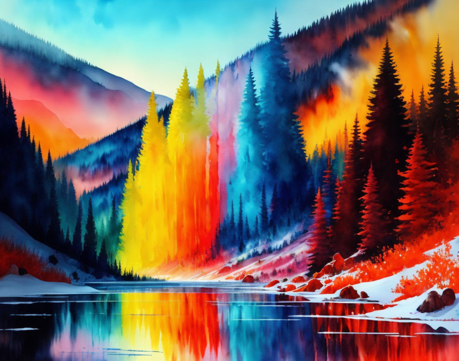 Colorful Watercolor Painting of Forest, River, and Mountains at Dusk