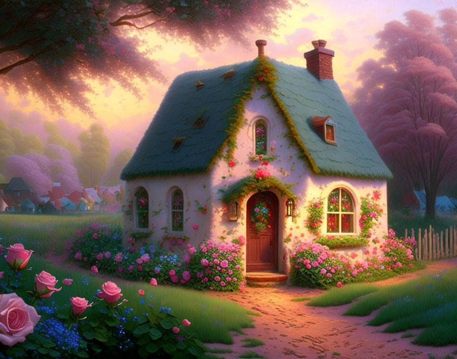 Moss-Covered Cottage with Bright Flowers in Twilight Forest Glade