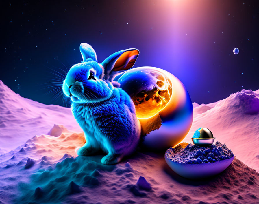 Colorful cosmic scene with glowing blue rabbit and reflective egg on lunar landscape.