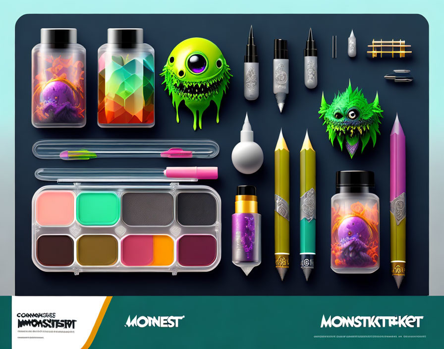 Colorful Designer Desktop with Art Supplies and Fantasy Creatures