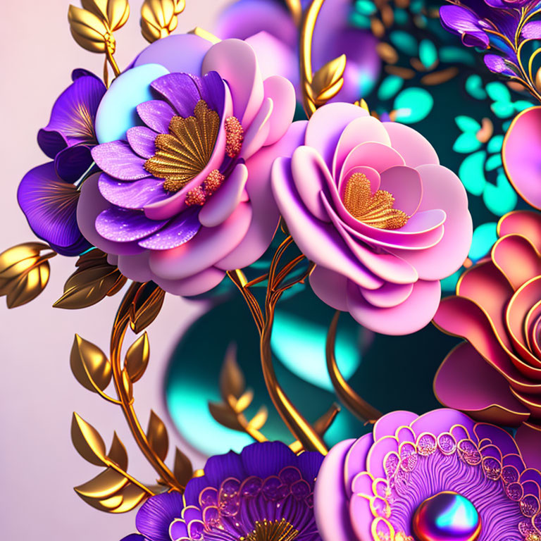 Stylized metallic-glowing flowers and leaves in purple and gold hues