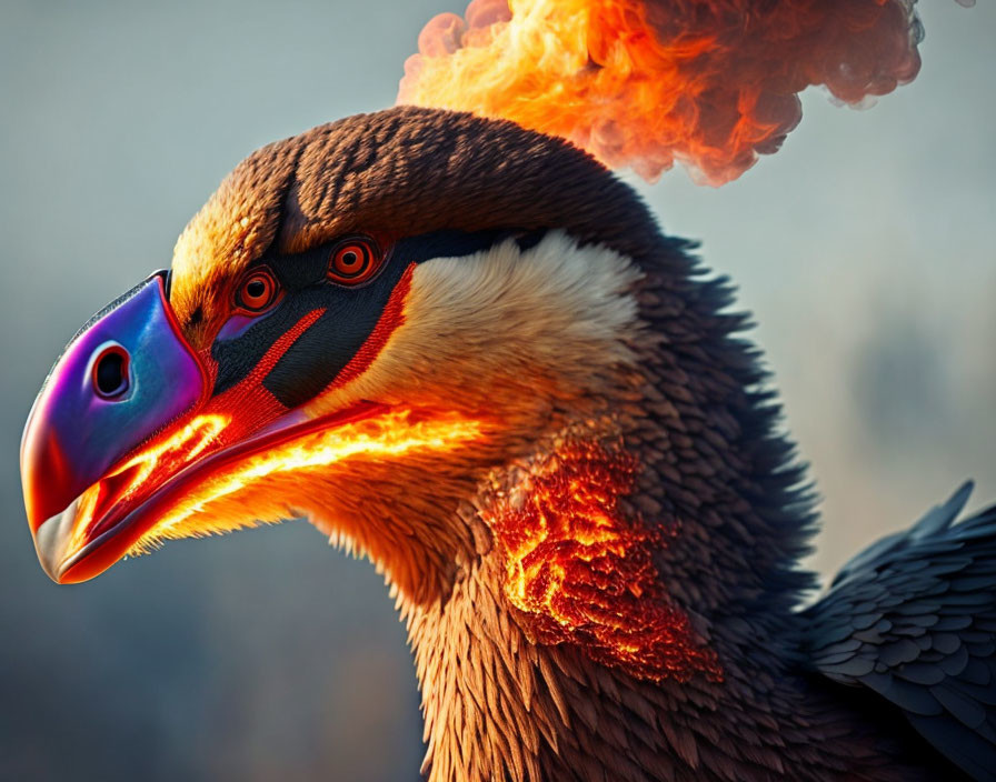 Bird with flaming feathers in surreal digital art