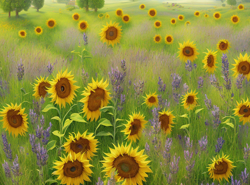 Lush Sunflower Field with Purple Flowers and Rolling Hills