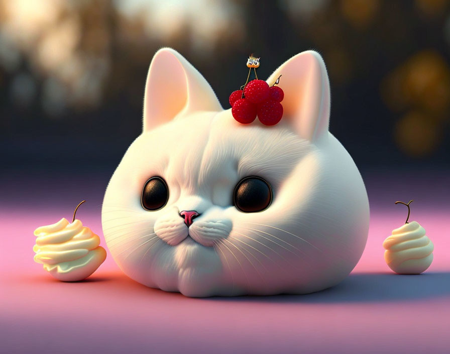 Whimsical white cat with cherry pastry and cream desserts