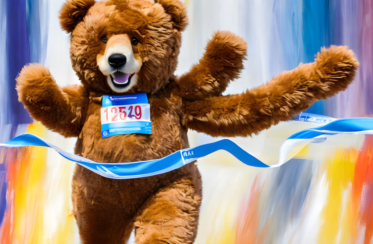 Bear costume runner wins race crossing finish line with blue and white tape