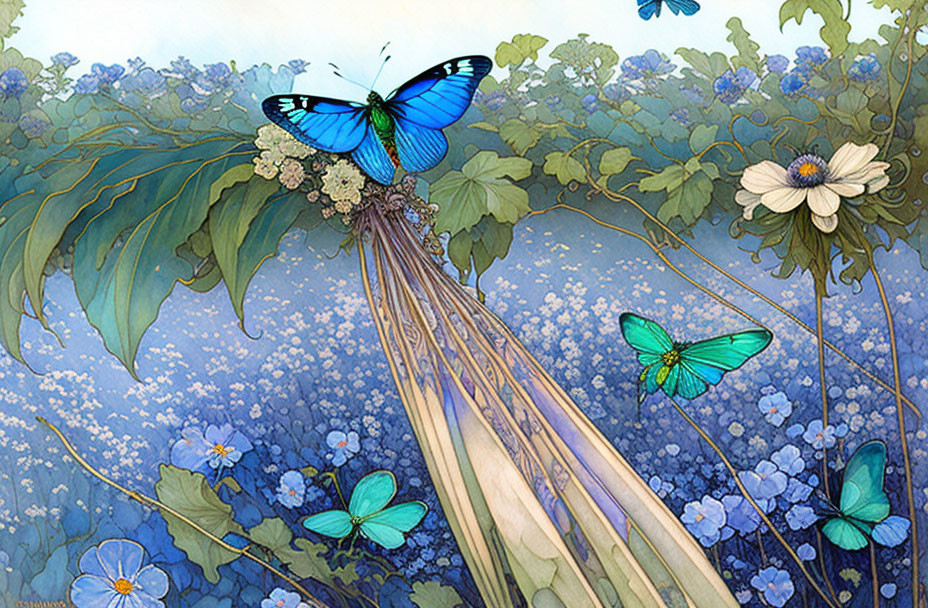 Vibrant Blue Butterflies and Flowers Illustration on Blue Background